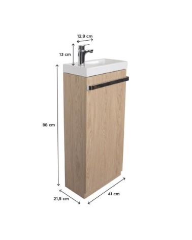 Meuble lave-mains sur pieds décor chêne + vasque + robinet