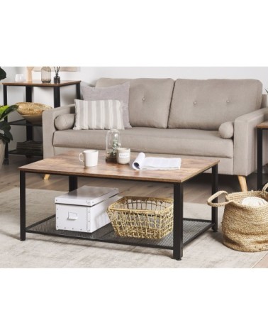 Table basse bois foncé et noire plateau effet bois foncé vieilli