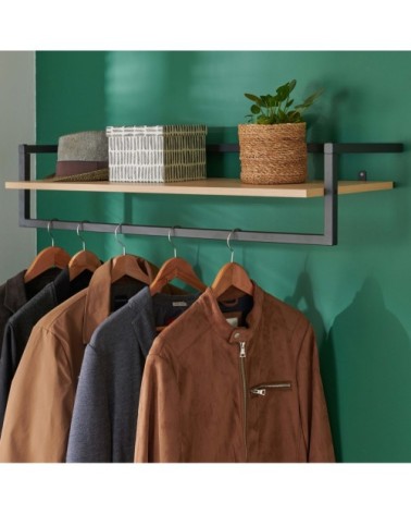 Penderie étagère murale bois et métal noir L90 cm