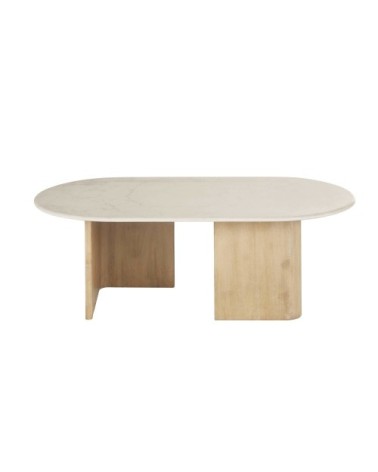 Table basse en marbre blanc effet travertin et bois de manguier massif L120
