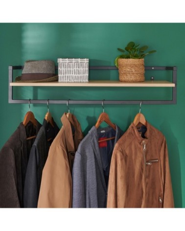 Penderie étagère murale bois et métal noir L90 cm