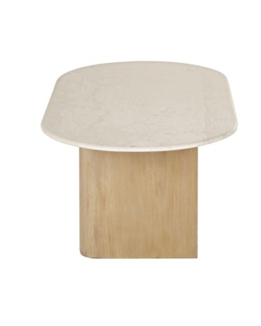 Table basse en marbre blanc effet travertin et bois de manguier massif L120