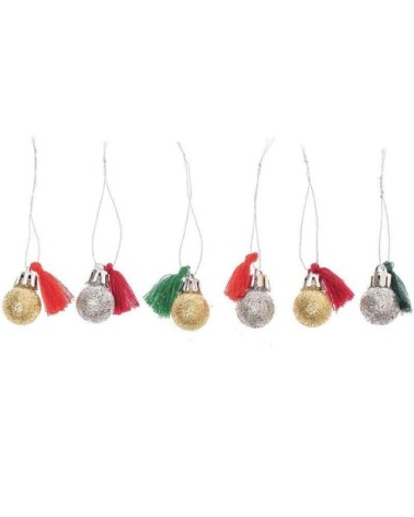 6 mini boules de Noël à paillettes et pompons rouge et vert