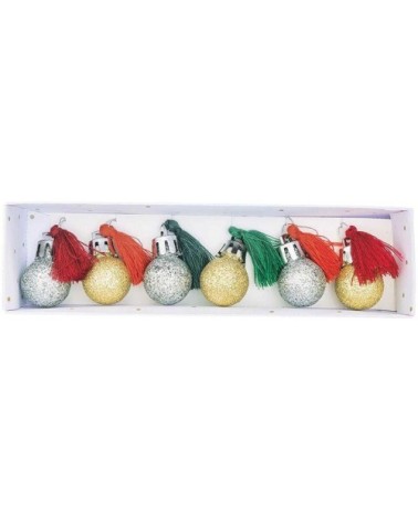 6 mini boules de Noël à paillettes et pompons rouge et vert