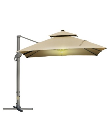 Parasol déporté LED carré double toit inclinable pivotant 360° beige