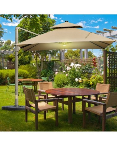 Parasol déporté LED carré double toit inclinable pivotant 360° beige