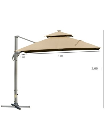 Parasol déporté LED carré double toit inclinable pivotant 360° beige