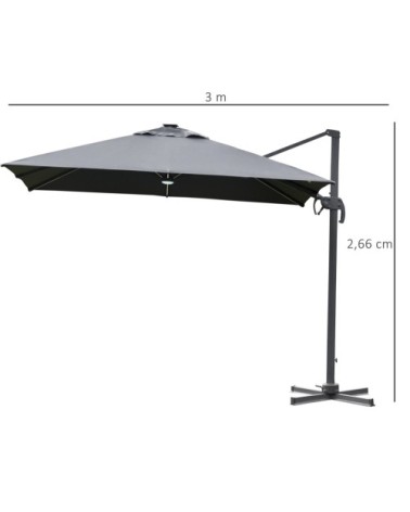 Parasol déporté LED carré inclinable pivotant 360° gris