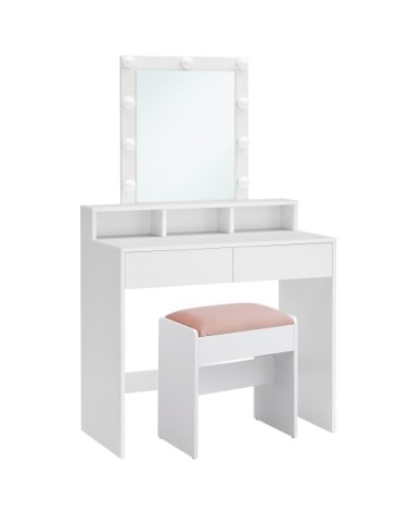 Coiffeuse avec miroir 2 tiroir et tabouret l 80 cm blanc