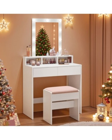 Coiffeuse avec miroir 2 tiroir et tabouret l 80 cm blanc