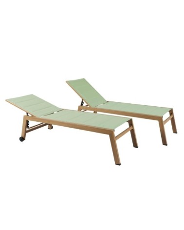 Lot de 2 bains de soleil effet bois inclinable avec roues vert sauge