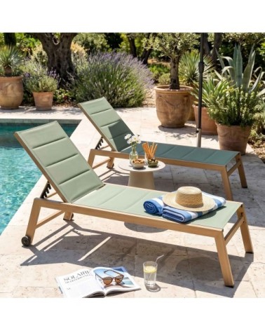 Lot de 2 bains de soleil effet bois inclinable avec roues vert sauge