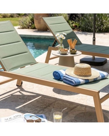 Lot de 2 bains de soleil effet bois inclinable avec roues vert sauge