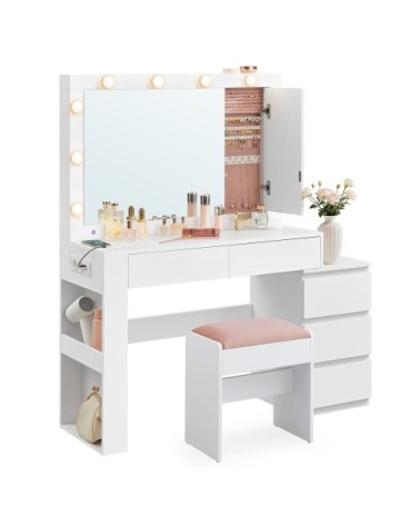 Coiffeuse avec tiroir miroir multiprise tabouret blanc