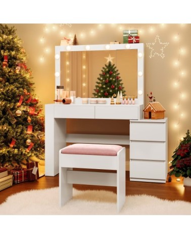 Coiffeuse avec tiroir miroir multiprise tabouret blanc