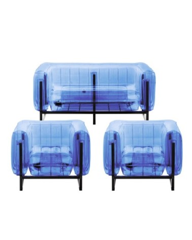 Salon de jardin design 1 canapé et 2 fauteuils bleus cadre aluminium