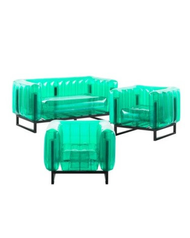 Salon de jardin design 1 canapé et 2 fauteuils verts cadre aluminium