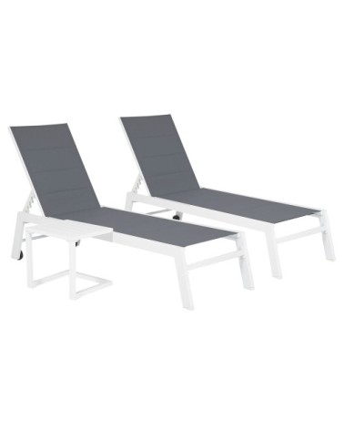 Set 2 transats et table d'appoint textilène gris aluminium blanc