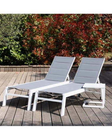 Set 2 transats et table d'appoint textilène gris aluminium blanc