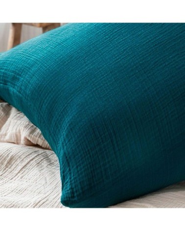 Taie d'oreiller paon en gaze de coton lavée 65x65