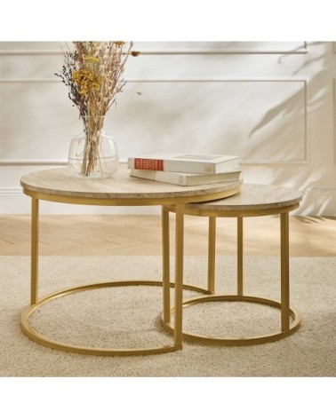 Lot de 2 tables basses gigognes rondes - effet travertin