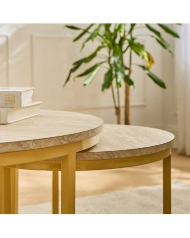 Lot de 2 tables basses gigognes rondes - effet travertin