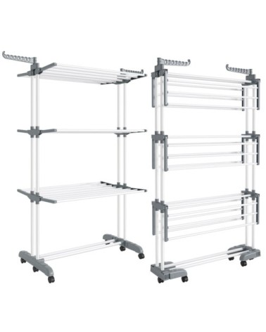 Étendoir à linge séchoir mobile à 4 niveaux avec roulettes blanc gris