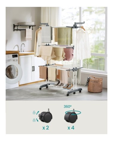 Étendoir à linge séchoir mobile à 4 niveaux avec roulettes blanc gris