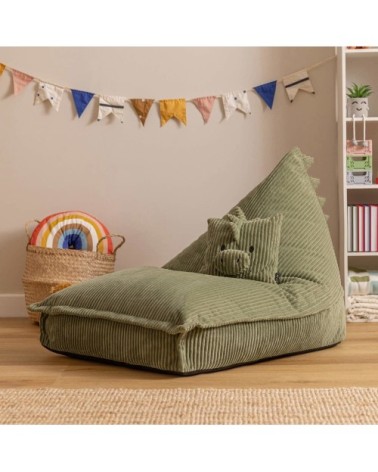 Pouf poire enfant, animal et coussin, velours côtelé, dinosaure vert