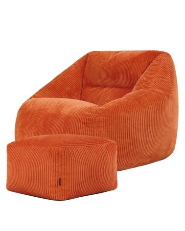 Pouf fauteuil avec repose-pied carré velours côtelé orange terracotta