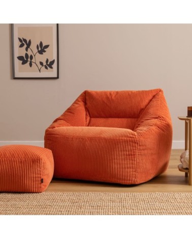 Pouf fauteuil avec repose-pied carré velours côtelé orange terracotta