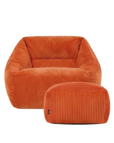 Pouf fauteuil avec repose-pied carré velours côtelé orange terracotta