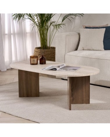 Table basse ovale en bois et effet travertin - beige