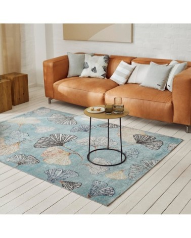 Tapis exterieur design motif floral tissé plat bleu 120x170
