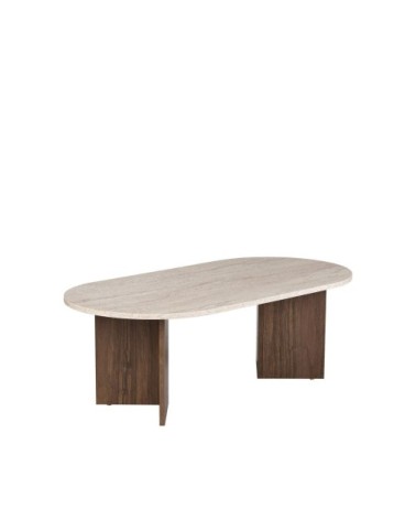 Table basse ovale en bois et effet travertin - beige