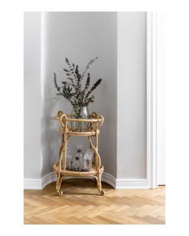 Desserte ronde 2 plateaux en rotin avec roulettes