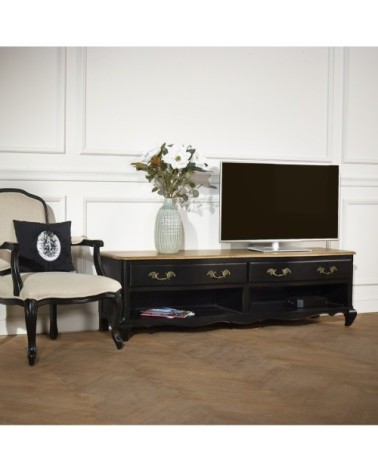Meuble tv plateau chêne 2 tiroirs 2 niches noir