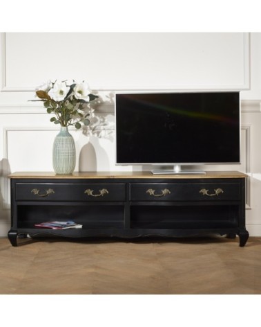 Meuble tv plateau chêne 2 tiroirs 2 niches noir