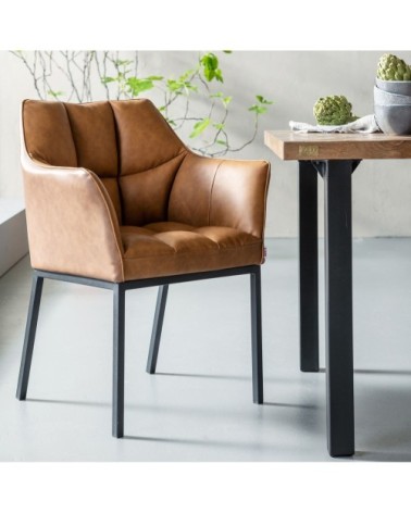 Chaise avec accoudoirs en cuir marron et acier