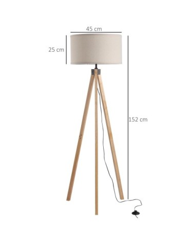 Lampadaire trépied style scandinave H152 cm bois de pin lin beige