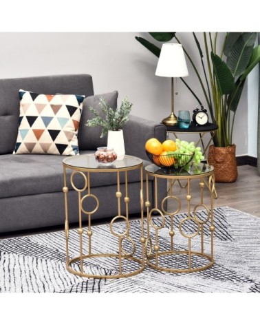 Tables gigognes lot de 2 tables basses style art déco doré verre