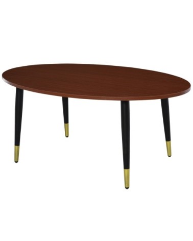 Table basse ovale style néo-rétro bas pieds dorés aspect teck foncé