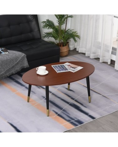 Table basse ovale style néo-rétro bas pieds dorés aspect teck foncé
