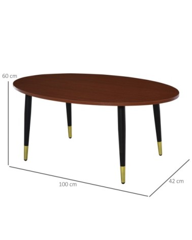 Table basse ovale style néo-rétro bas pieds dorés aspect teck foncé