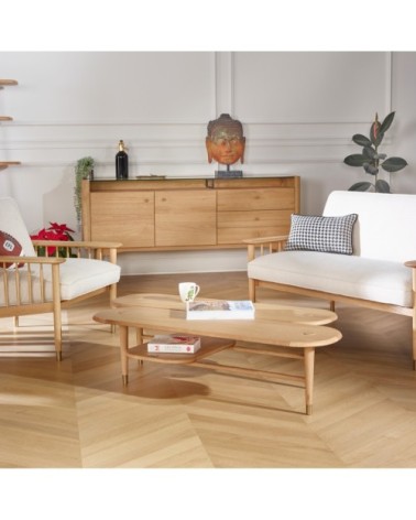 Table basse  en chêne et pieds laiton