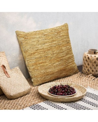 Coussin en cuir tressé jaune 70x70