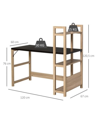 Bureau bibliothèque 3 étagères aspect bois chêne clair noyer foncé