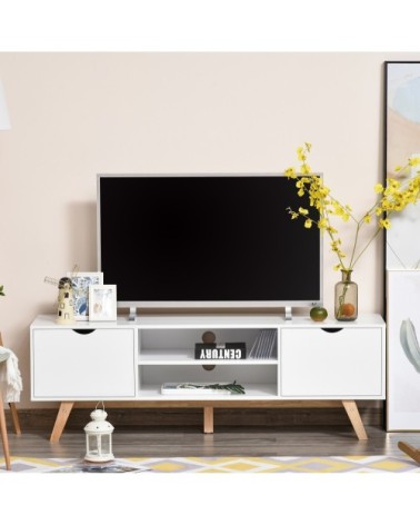 Meuble TV style scandinave 2 portes 2 niches blanc bois hévéa