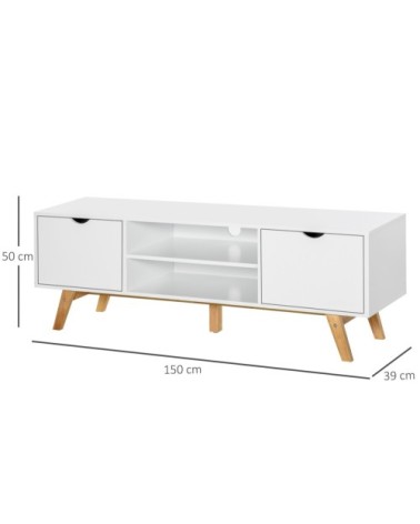 Meuble TV style scandinave 2 portes 2 niches blanc bois hévéa