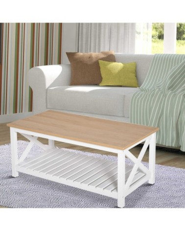 Table basse rectangulaire étagère à lattes plateau chêne clair blanc